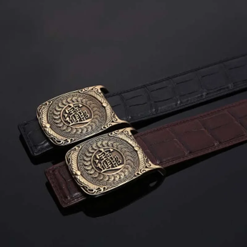 VVBrown crocodile male belt brass Plate buckles youth business men belt Smooth buckle belts - Image 3