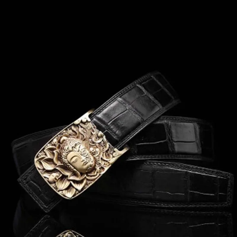 VVBrown new crocodile male men belt brass Smooth buckle crocodil belt Plate buckles business leisure brown - Image 4