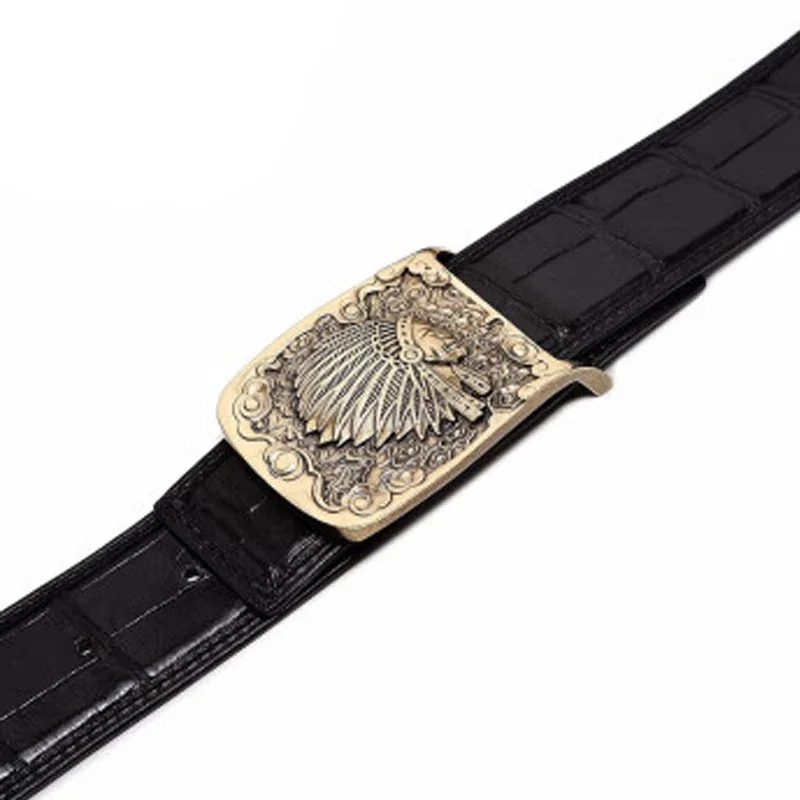 VVBrown male belt brass youth middle-aged business Plate buckles men belt Smooth buckle men crocodile belt - Image 5