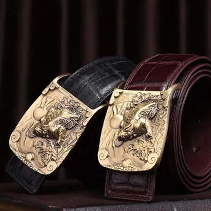 VVBrown male crocodile belt Plate buckles men belts business leisure Smooth buckle - Image 4