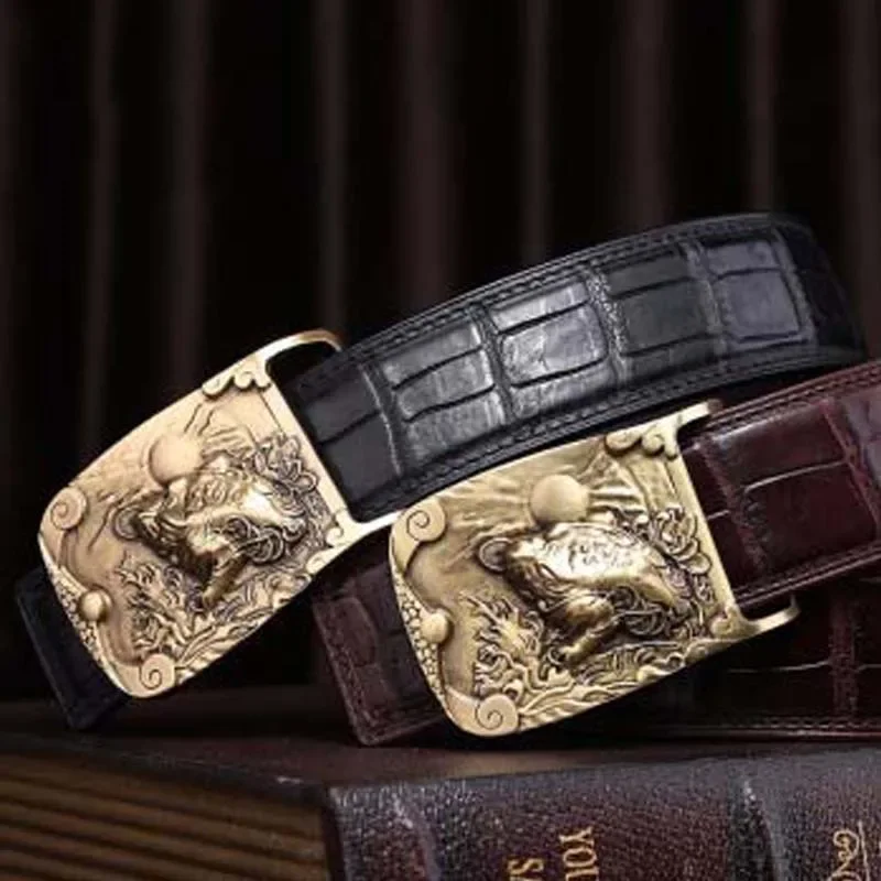 VVBrown male crocodile belt Plate buckles men belts business leisure Smooth buckle - Image 6