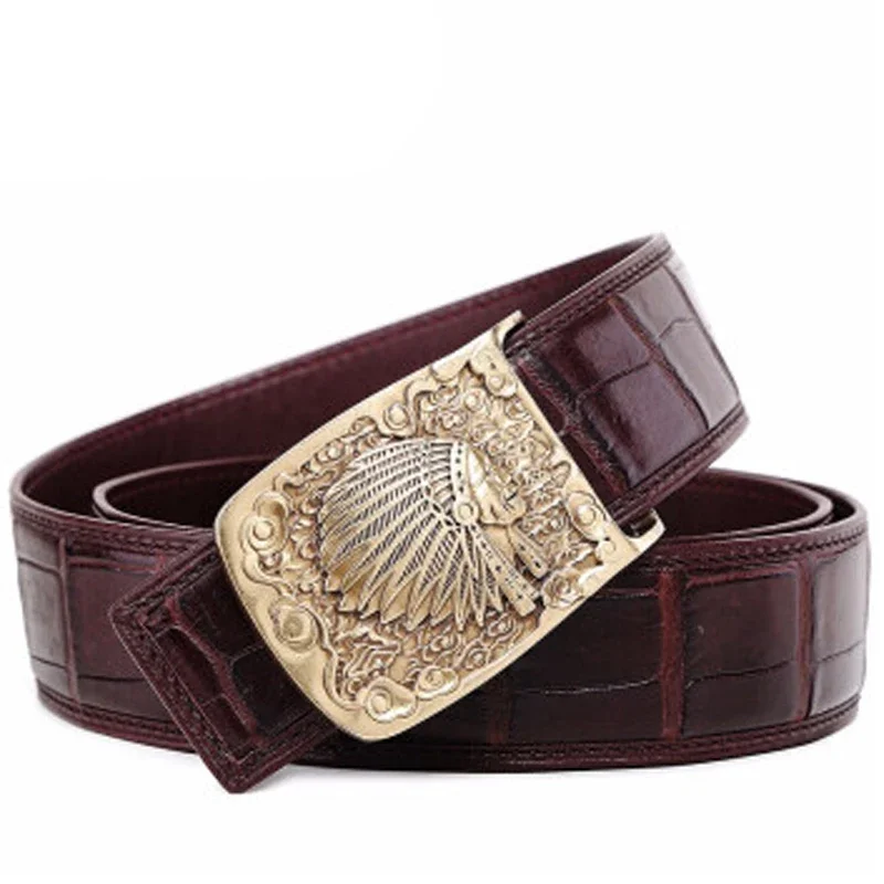 VVBrown male belt brass youth middle-aged business Plate buckles men belt Smooth buckle men crocodile belt - Image 6