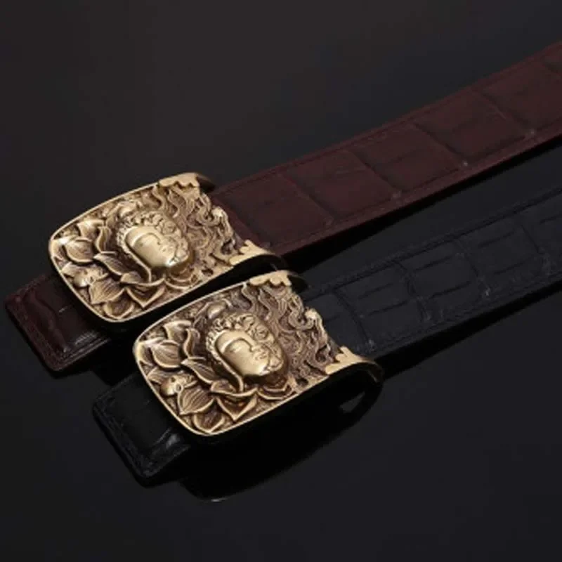 VVBrown new crocodile male men belt brass Smooth buckle crocodil belt Plate buckles business leisure brown - Image 3