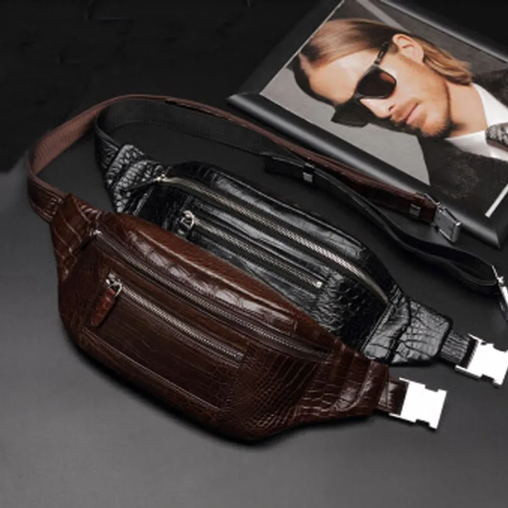 PUGETE new crocodile leather male bag large capacity outdoor leisure fashion Men waist bag new leisure men bag black - Image 3