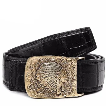 VVBrown male belt brass youth middle-aged business Plate buckles men belt Smooth buckle men crocodile belt - Image 3